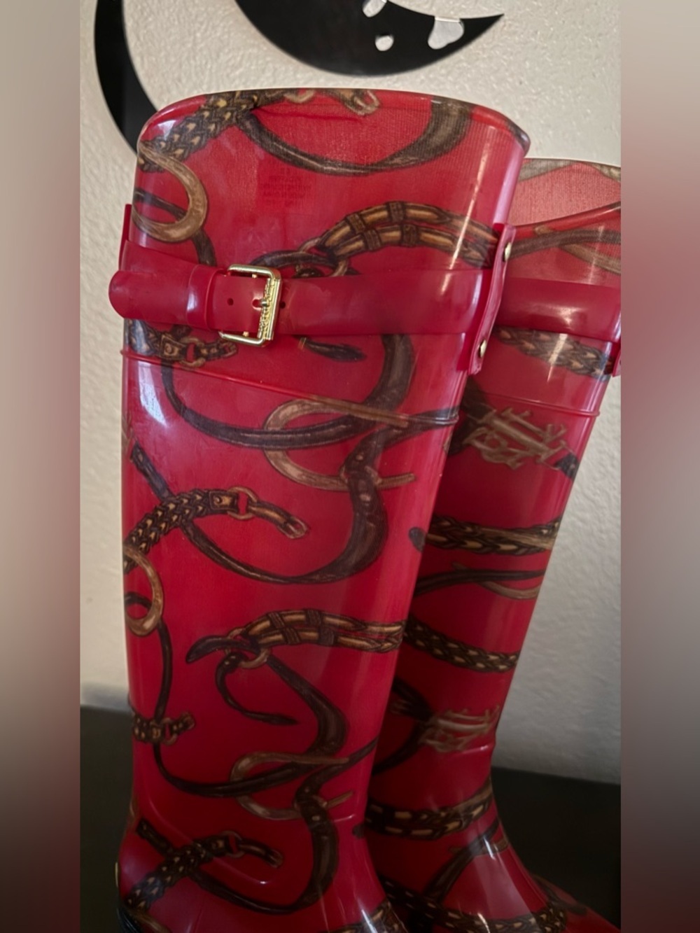 Lauren Ralph Lauren Rossalyn II Red Chain Print Rain Boots | Equestrian Style - Picture 5 of 8